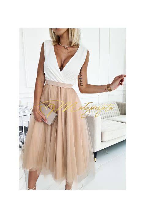 Sukienka Midi Z Tiulem I Kopertowym Dekoltem Nude Melissa Ma Gorzata Sklep