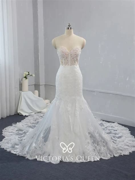 Strapless Nude Bodice Delicate Lace Mermaid Bridal Gown Vq