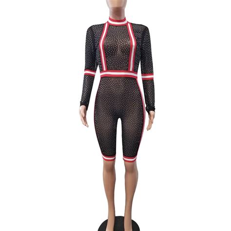 Women Sexy Mesh See Through Hot Drilling Long Sleeve Stripe Print Bodycon Romper Jumpsuit