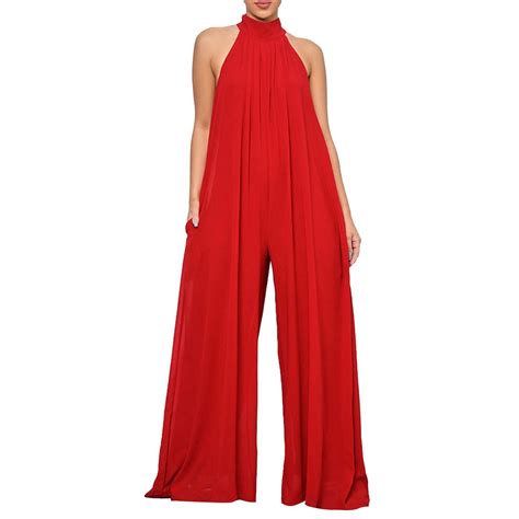 Ehqjnj Female Full Body Jumpsuit Plus Size Flare Ladies Solid Color Casual Chiffon Loose