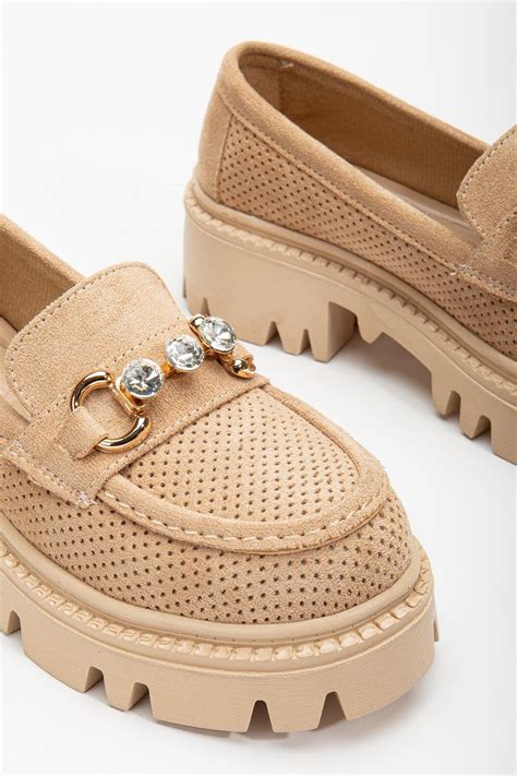 Rahat Kalıp Yüksek Poli Taban Önü Tokalı Kadın Nude Süet Loafer TBACR805 Tonny Black