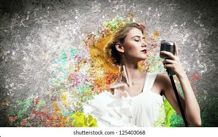 Image Female Blonde Singer Holding Microphone Stock Illustration