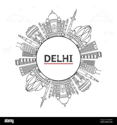 Outline Delhi India City Skyline with Historic Buildings and copy space