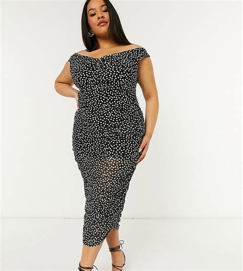 Asos Curve Asos Design Curve Mesh Ruched Bardot Midi Dress In Spot