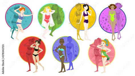 A Set Of Cartoon Women In Beach Swimsuits And Bikini With Different Body Types Hair And Skin