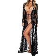 Amazon Women Sexy Long Lace Dress Sheer Gown See Through Lingerie Kimono Robe Black One