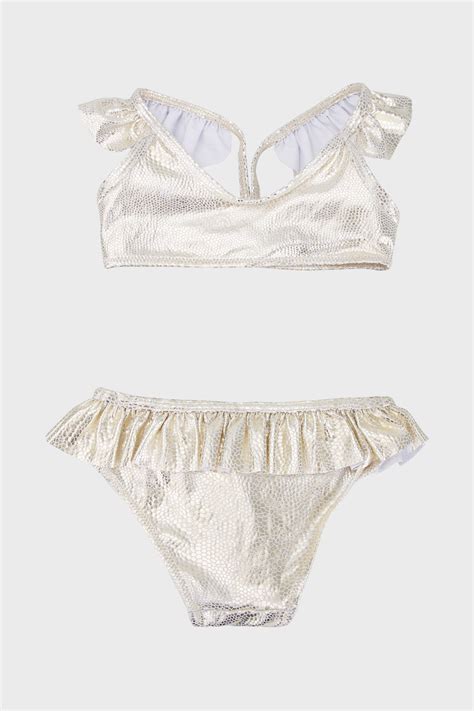 Slipstop Glitter Fırfırlı Kolay Kuruyan Uv Korumalı Parlak Kız Çocuk Bikini SB GOLD