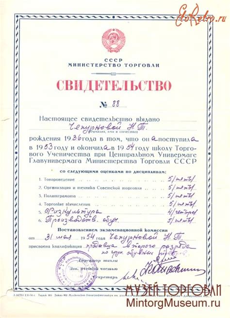 Свидетельство об окончании школы Торгового ученичества (ШТУ) при ...