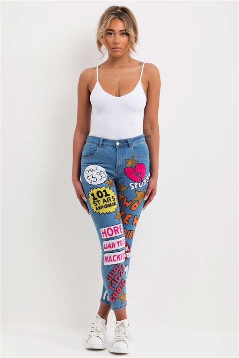 Womens Skinny Jeans With Graphic Towelling And Gold Sequin Detail