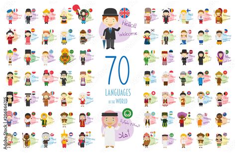 Vector Illustration Of Cartoon Characters Saying Hello And Welcome In