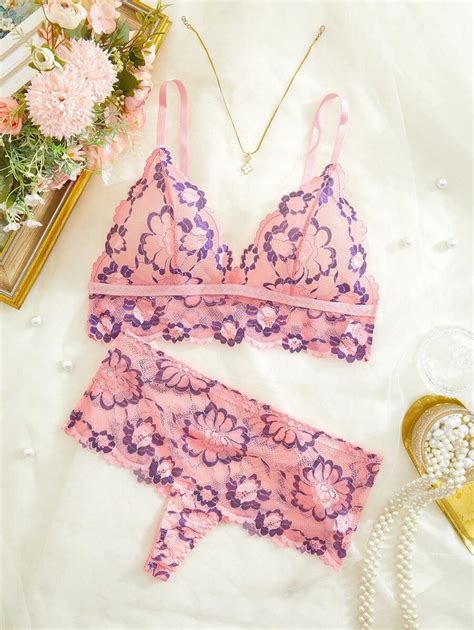 Pe As Conjunto De Lingerie Floral De Tule Para Mulheres Suti Camisole E Calcinha Shein Brasil