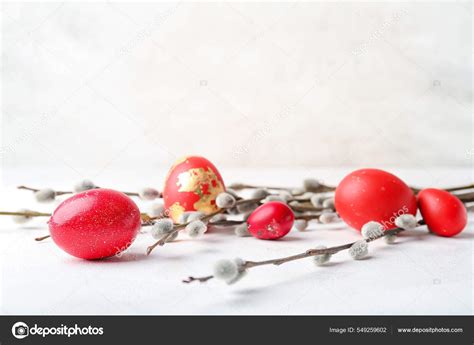 Painted Easter Eggs Pussy Willow Branches Light Background Stock Photo Serezniy
