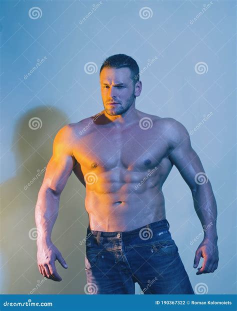 Naked Torso Six Pack Abs Male Flexing His Muscles Sport Workout Bodybuilding Concept Stock