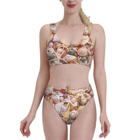 Lukts Women High Waisted Bikini Set Colorful Seashells Swimsuit Piece Bathing Suit Tummy