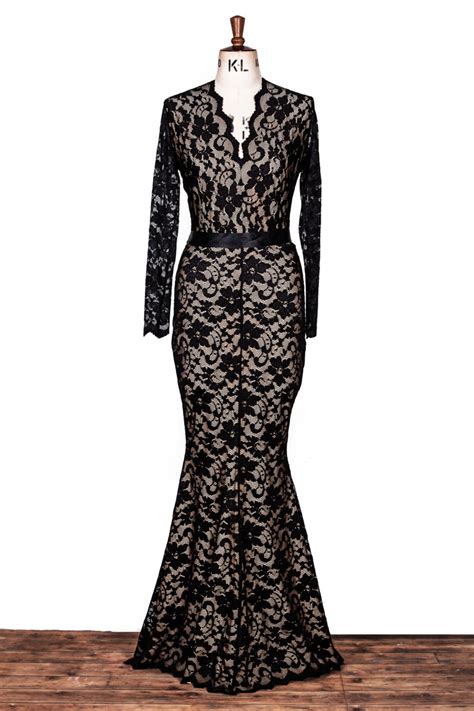 Baylis Knight Black Nude Lace Long Sleeve Low Cut FISHTAIL MERMAID Burlesque MAXI Pencil