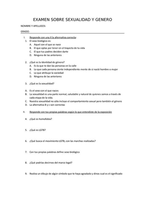 Examen Sobre Sexualidad Y Genero Examen Sobre Sexualidad Y Genero