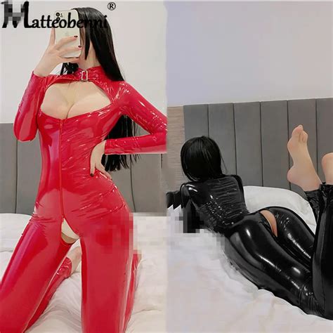 Sexy Hot Frauen Faux Leder Catsuit Pvc Latex Dessous Body Zipper Ffnen Gabelung Overalls