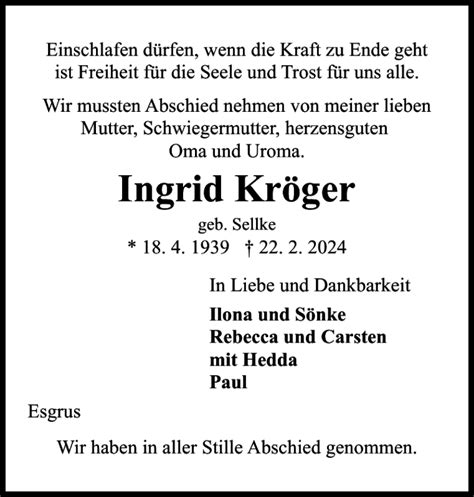 Traueranzeigen Von Ingrid Kr Ger Sh Z Trauer