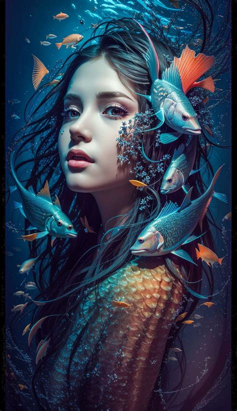 Face Of Mermaid Underwater Beauty Neon Art Blue Art Ai Art Ai