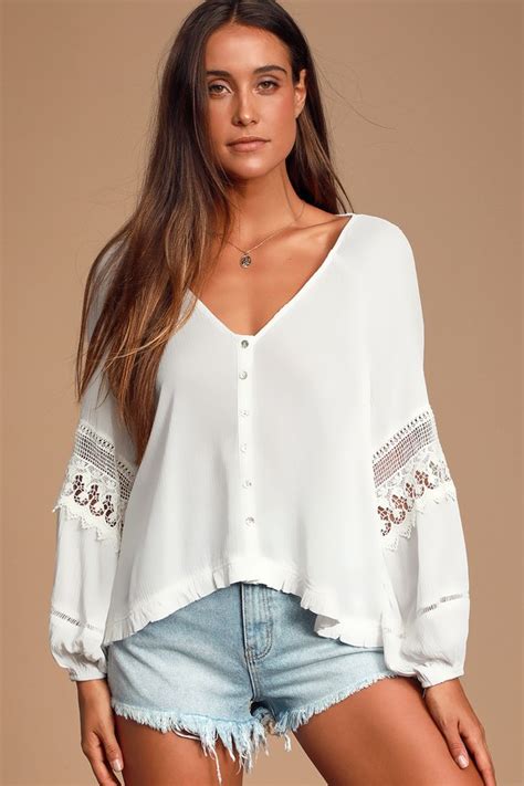 Boho White Top Crochet Lace Top Button Up Top Long Sleeve Lulus