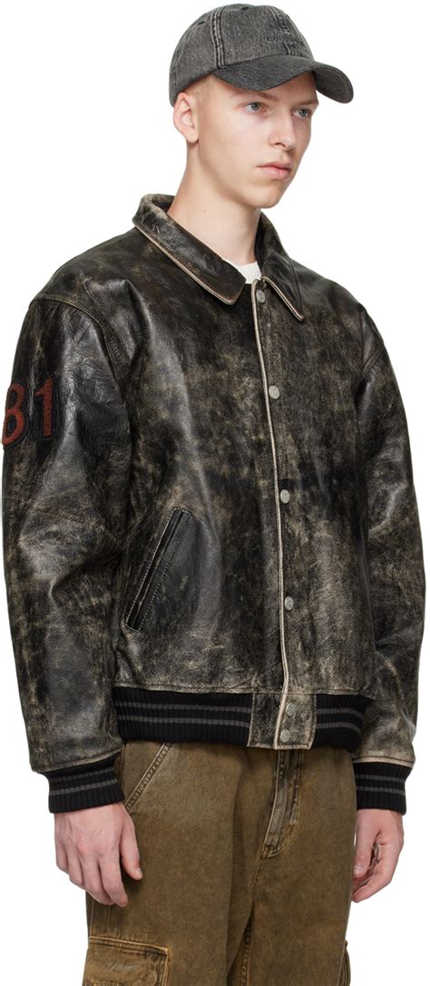 Guess Usa Black Distressed Leather Bomber Jacket Guess