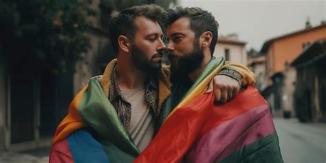 Retrato de um jovem casal gay abraçando e mostrando seu amor a bandeira do arco íris na rua