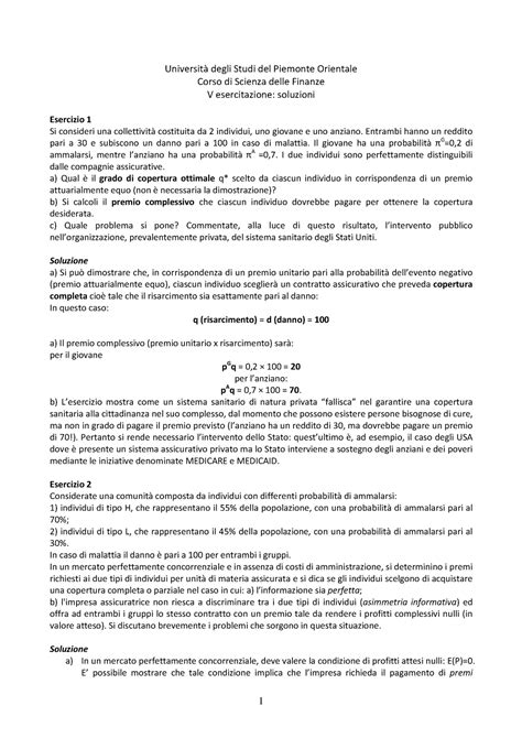 Esercitazione V Il sistema sanitario 1 Università degli Studi del