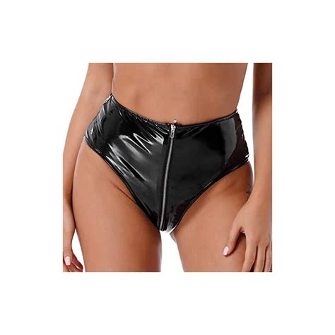 Freebily String Tanga Vita Alta Micro Mini Perizoma Pelle Donna Sexy Wetlook Bikini Slip Nero