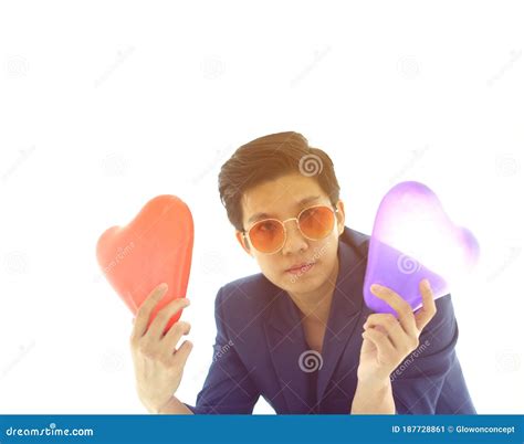 Asian Professional Pride Tomboy Lesbian With Suit And Hearts Balloons Stock Image Image Of