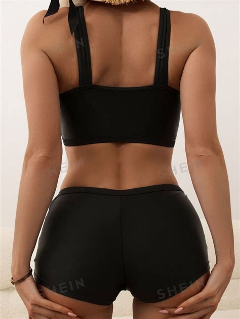 Shein Swim Basics Plain Drawstring Bikini Swimsuit Shein Uk