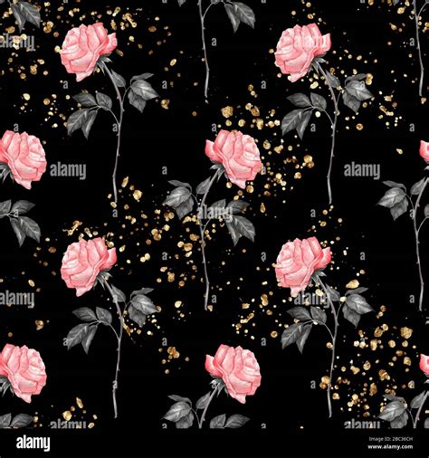 Seamless floral pattern of pink roses on black background Stock Photo ...