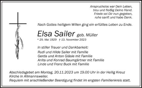 Traueranzeigen Von Elsa Sailer Schwaebische De Trauerportal