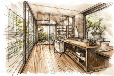 Detail Focused Hand Drawn Sketch Of The Interior Of A Sleek Modern Home