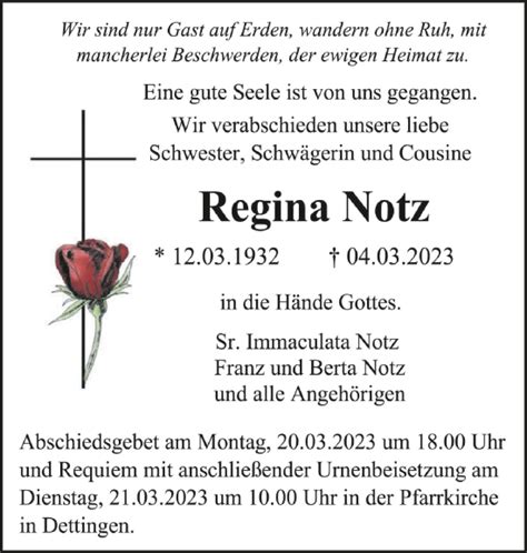 Traueranzeigen Von Regina Notz Schwaebische De Trauerportal