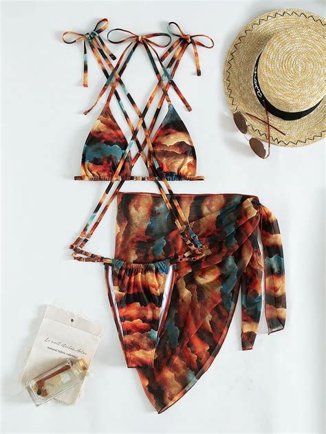 Generic 2025 New Swimwear Bikini Printing Series With Net Hanfu Long