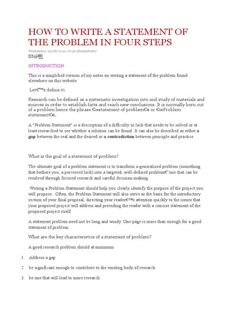 How To Write A Statement Of The Problem In Four Steps Pdf Dormitory Motivation