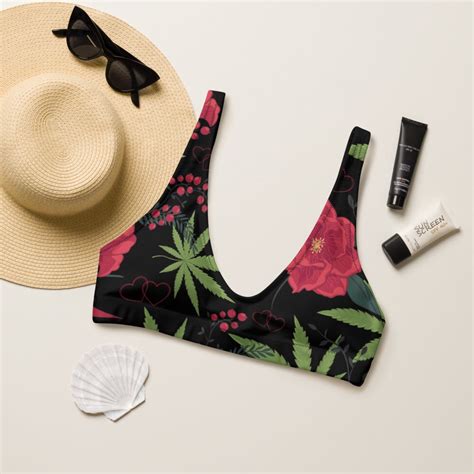 Cannabis And Roses Bikini Swimsuit Top With Removeable Pads