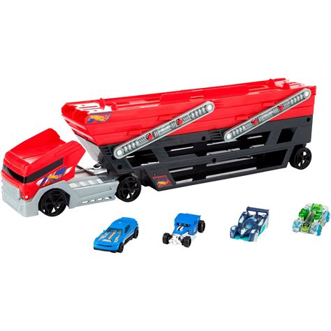 Set De Joaca Hot Wheels Mega Hauler 4 Masinute 6 Niveluri Extensibile Capacitate 50 Masinute