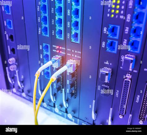 Fiber Optic Cable Connected To Card Interface Of Networking Switch