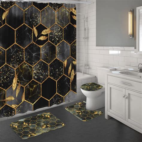 Black Gold Marble Shower Curtain Set Bath Mats Rugs Crack Ink Texture