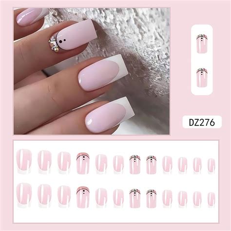 diduikalor Uñas postizas cuadradas medianas con punta francesa uñas acrílicas color rosa nude