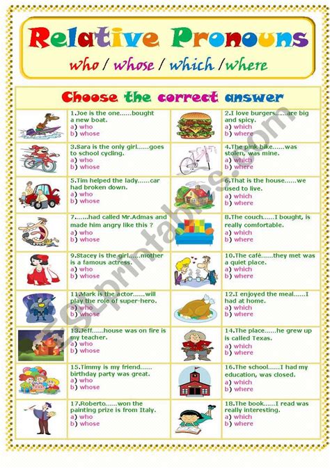 Relative Pronouns And Relative Clauses Worksheet