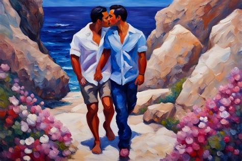 Pareja amorosa gay caminando con la mano en la playa ilustración romántica abierta de raza mixta