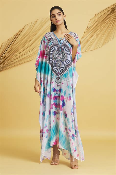 Buy Multi Color Georgette Printed Abstract V Neck Shaded Kaftan For