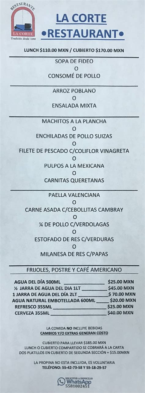 Menu at La Corte restaurant Mexico City República de Uruguay 115