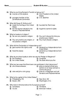 United States Citizenship Test Bubble Answers 100 Questions Multiple