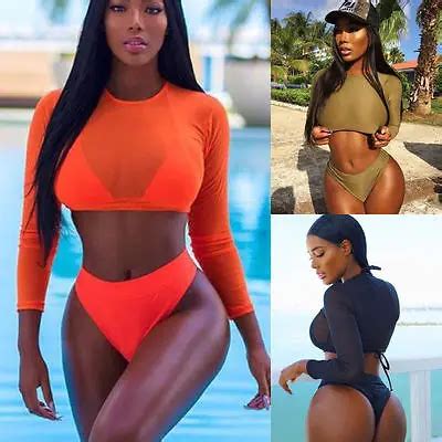 2018 Two Piece Swimsuit Summer Sexy Women Mesh Long Sleeve High Waist Bikini Set Push Up