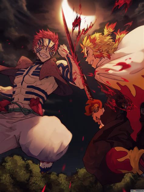 Demon Slayer Kimetsu No Yaiba Kyojuro Rengoku Vs Akaza 4k Wallpaper Download