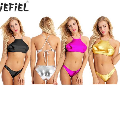 Women Faux Leather Halter Top And Briefs Bikini Swimsuit Swimwear Swimsuit And Beachwear Price
