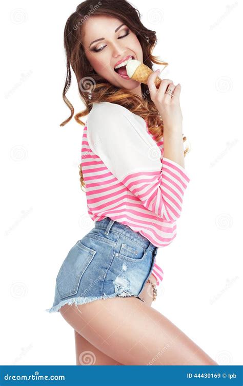 Alluring Elated Woman Licking Delicious Ice Cream Stock Image Image